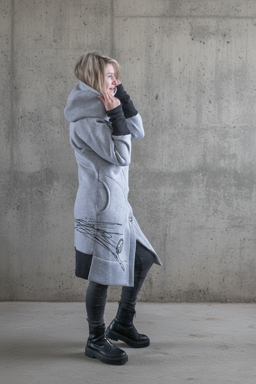 Kapuzen-Sweatshirt-Mantel – Hellgrau