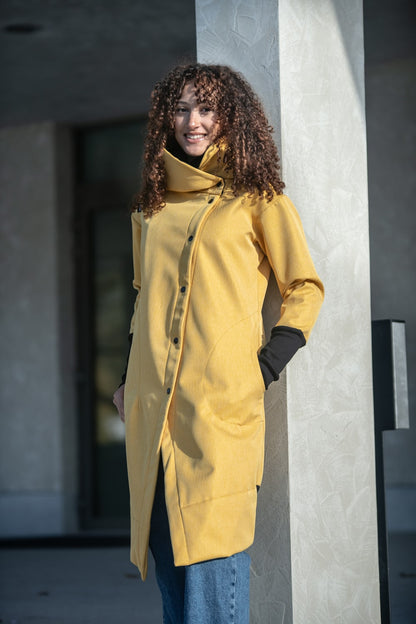 Dámský Softshellový kabát s kapucí – Žlutý – rybí kost
