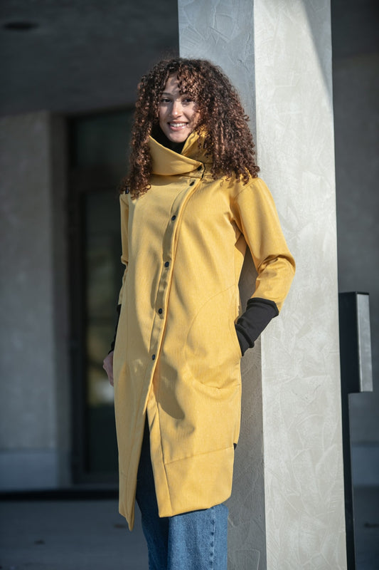 Women's Softshell Jacket with Hood - Yellow - Fishbone Pattern