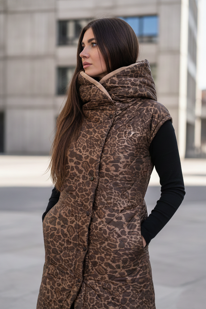 Zimní kabát 2v1 s odepínacími rukávy – Leopard