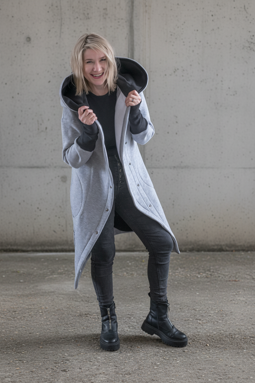 Kapuzen-Sweatshirt-Mantel – Hellgrau